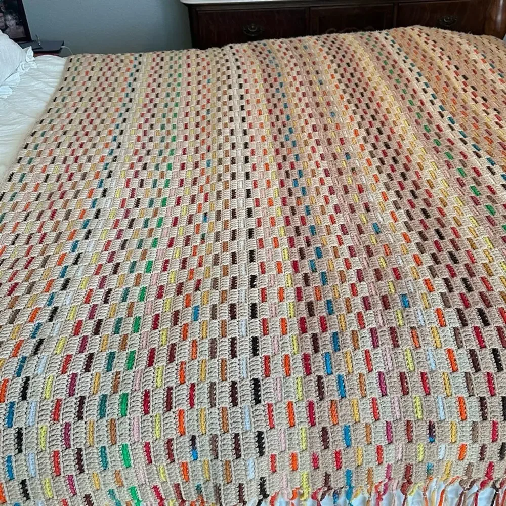 VTG Crochet Granny Throw Lap Blanket Multicolor Reversible Design 77 X 67